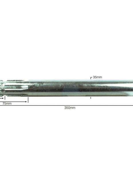 The Sparex PTO Splined Shaft (Part No. S.16427) is a metal tube specifically designed for 1 3/8'' - 6 Spline setups, featuring dimensions of 35mm diameter and 350mm length, with one section measuring 38mm and another section at 75mm.