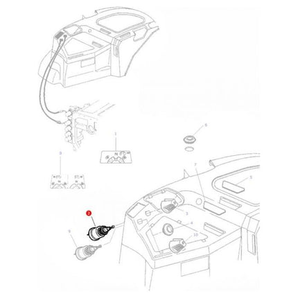 Diagram of a vehicle dashboard with focus on the ignition switch area, featuring detailed illustrations of components and their placements, specifically highlighting the AGCO Massey Ferguson PTO Switch - 3619445M2.