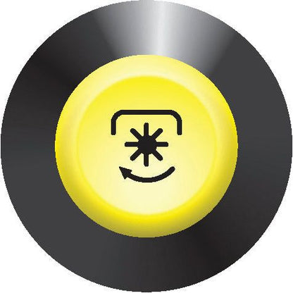A yellow button featuring a black sun and circular arrow icon, often used to indicate a reset or restart function on devices or control panels, similar to the PTO Switch offered by Sparex (Part No. S.52845).