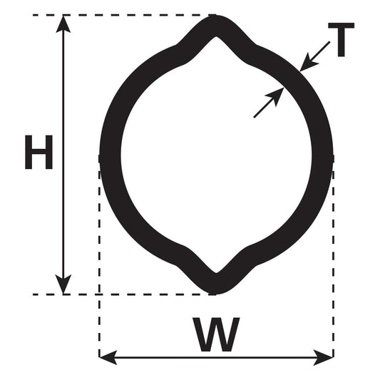 Technical diagram of the PTO Tube - Lemon Profile, Length: 1M (Ov) - S.24190 by Sparex labeled with dimensions: H for height, W for width, and T for wall thickness. The measurements are specified as 40 x 34.5 x 4mm.