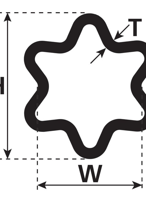 The **PTO Tube - Star Profile**, resembling a black, flower-like shape with wavy edges, is labeled with dimensions for height (H), width (W), and thickness (T). Dashed lines, reminiscent of a **Sparex** tube layout, indicate the height and width measurements. This product, known as Length: 1M (S5) - S.24821 from Sparex, serves as an ideal reference for these specifications.