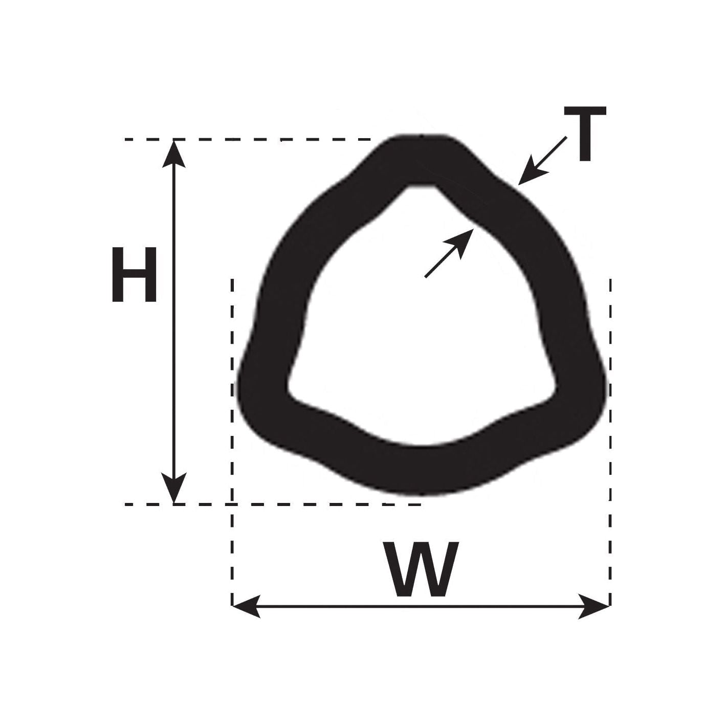 A diagram of a seal cross-section labeled with height (H), width (W), and thickness (T) measurements, resembling the Sparex PTO Tube - Triangle Profile, 26.5 x 26.5 x 3.5mm, Length: 3M (12502) - S.4811.
