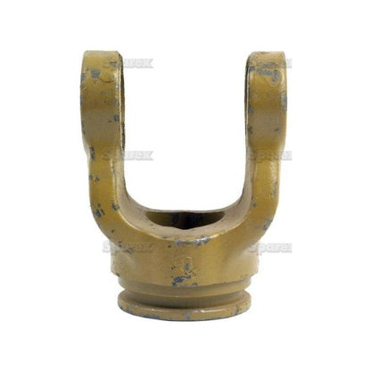 Close-up of a Sparex PTO Tube Yoke (U/J Size: 27 x 74.5mm) with a U-shaped design, showcasing a slightly worn, yellowish finish and compatible with the Universal Joint AW21/W2300. 

