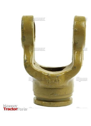 A yellow U-shaped mechanical part, marked with "SPLZ" and "Massey Tractor Parts," suitable for the AB4/A4 Series, known as the Sparex PTO Tube Yoke (U/J Size: 27 x 74.5mm) with a triangle profile of size 36 x 36 x 4.5mm (Ref: 12507 | Sparex Part No. S.6100).