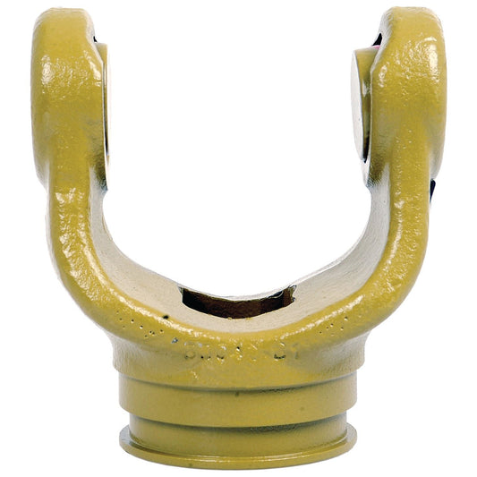 A yellow painted PTO yoke - Shaft Weld Yoke (U/J Size 1 17/32'' x 4 5/16'') from Sparex, featuring a semi-circular design and a circular base, is perfectly suited for specific universal joint dimensions and is isolated on a white background.