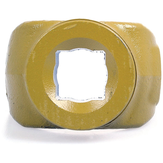 A yellow, square-ended hammer head with a prominent square cut-out in the center, viewed from the front, resembles components such as those found in the Sparex PTO Yoke - Shaft Weld Yoke (U/J Size 1 17/32'' x 4 5/16'') Profile Square, Bore Ø 1 5/16'' | Sparex Part No.S.27800.