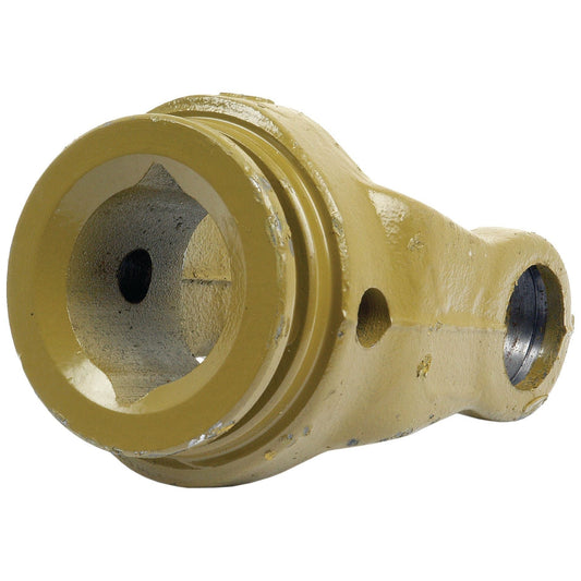 Close-up of a PTO Tube Yoke, part of the Sparex brand's PTO Series, featuring a yellow metal mechanical component with a lemon profile, cylindrical shape, and hollow center. It has dimensions of 40 x 34.5 x 4mm and includes a hole on the side with an interior threaded section. This yoke is designed for Universal Joint Dimensions (U/J Size: 23.8 x 61.2mm). Identify it with Sparex Part No.S.6030 – Ref: Ov.