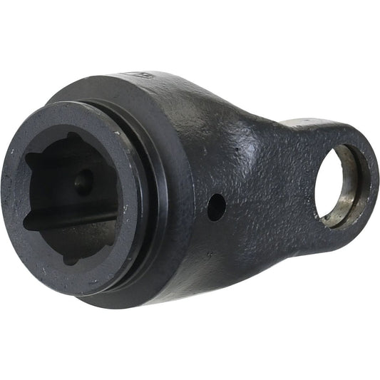Close-up of a black cast iron mechanical part with a cylindrical body and a circular hole at one end. The other end has a socket-like opening, perfect for fitting within the Sparex PTO Tube Yoke (U/J Size: 30.2 x 92mm) Profile: Star, Size: 51 x 37mm specifications (Sparex Part No.S.6052).
