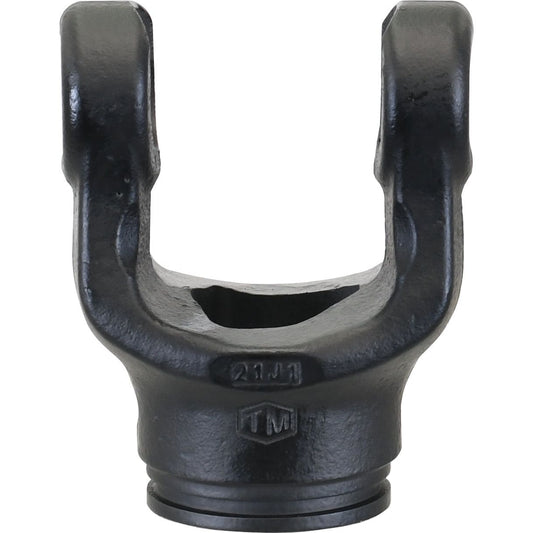 The Sparex PTO Tube Yoke, part number S.6140, is a black metal component featuring a U-shaped structure with symmetrical arms. It's designed to fit universal joint dimensions of 35 x 106.5 mm and has a triangular profile size of 45 x 45 x 5.5 mm, making it suitable for various vehicle or machinery applications.