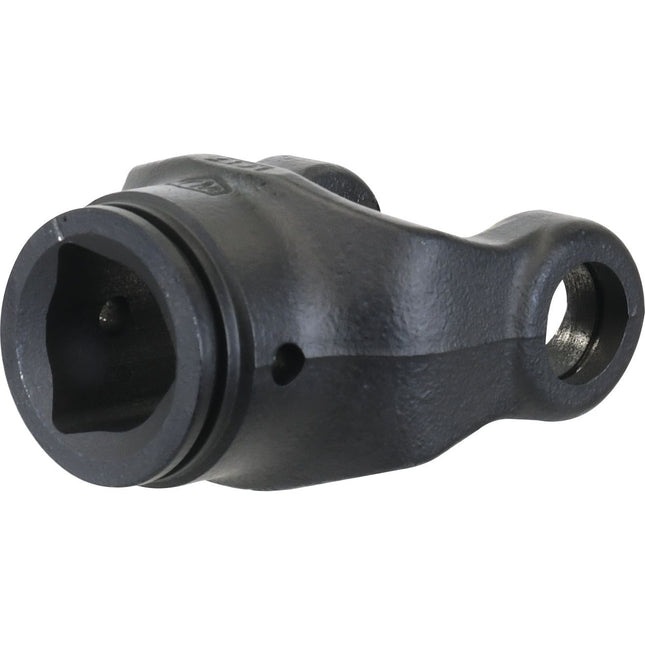A black metal PTO Tube Yoke (U/J Size: 35 x 106.5mm) with a triangular profile, dimensions of 54 x 54 x 4mm, featuring a cylindrical opening, bolt hole, and socket-like end; compatible with PTO Series components. Ref: 12512 | Sparex Part No.S.6141.