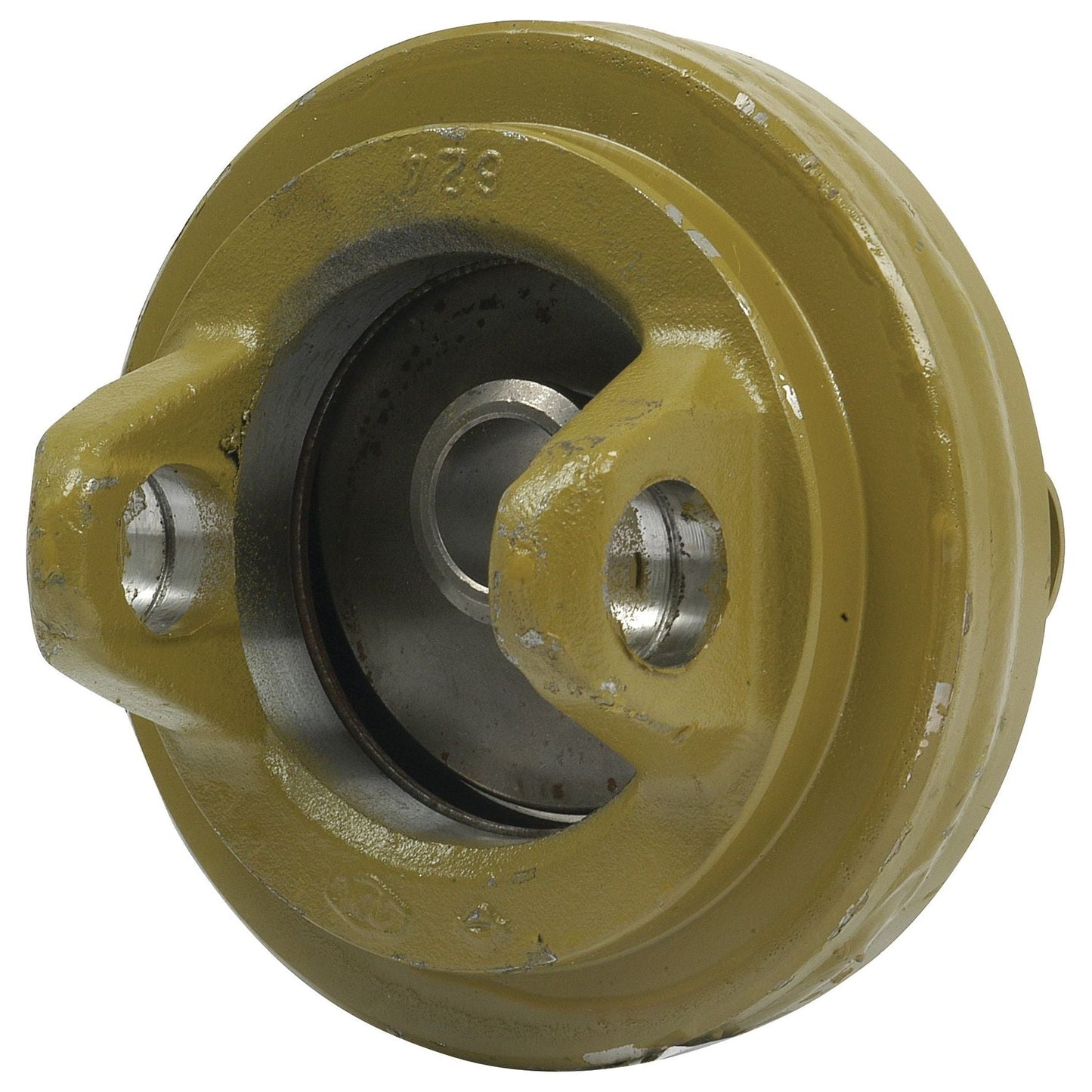 Close-up image of a yellow metal mechanical part with a circular shape, two bolt holes, and an internal wheel, resembling specifications found in the Sparex PTO Wide Angle Centre Body (U/J Size: 32 x 76 & 27 x 94mm) | Sparex Part No.S.6665 by Sparex.