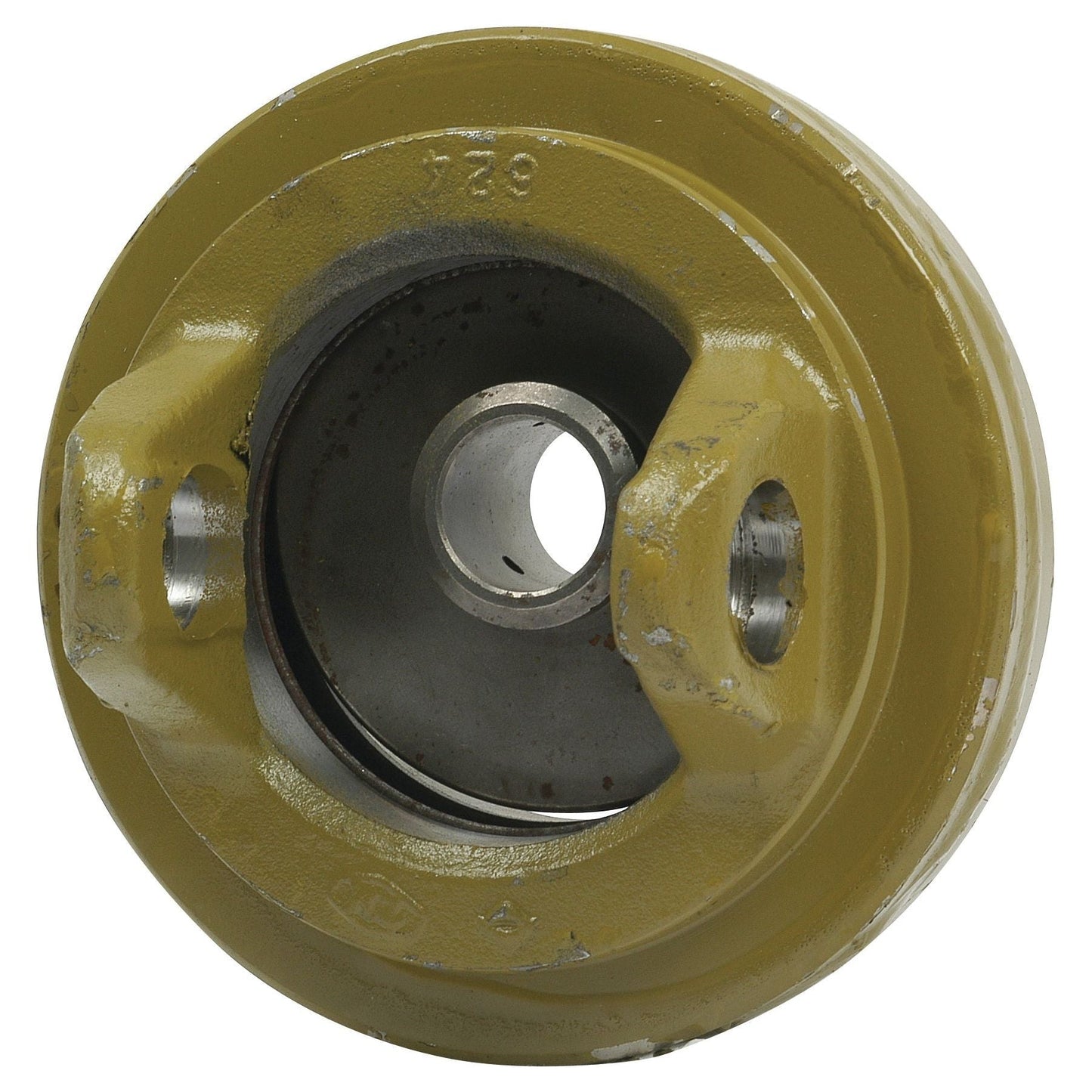 A close-up image of a yellow Sparex PTO Wide Angle Centre Body (U/J Size: 32 x 76 & 27 x 94mm), Sparex Part No. S.6665, featuring a central circular hole and two smaller side holes, displaying signs of metal wear.
