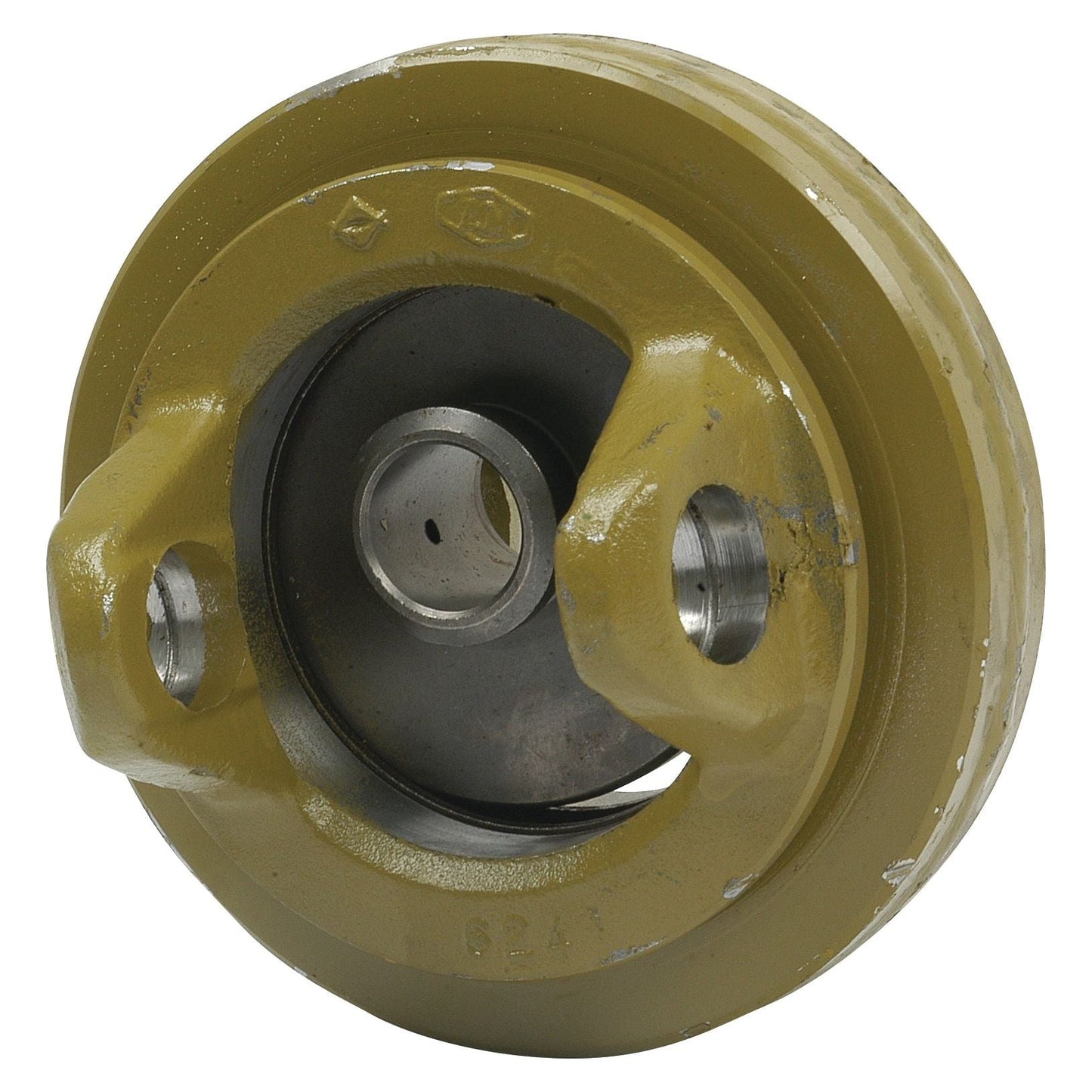 A yellow metal rotating coupling with two bolt holes and a central opening, used in industrial machinery, matches the Universal Joint Dimensions AW35/W2480.