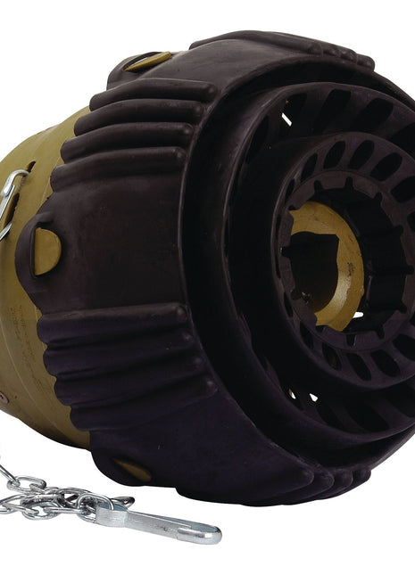 A mechanical component featuring a cylindrical shape with a chain attached to one side, enclosed in a dark, protective casing, resembling the sleek design of the Sparex PTO Wide Angle Joint (U/J Size: 27 x 75 & 24 x 91mm), Profile: Lemon.