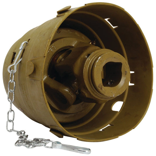 The Sparex PTO Wide Angle Joint (U/J Size: 27 x 75 & 24 x 91mm) in lemon profile and size 1 3/8''-6 spline, identifiable by Sparex Part No.S.6650, is a brown industrial metal coupler with a chain attached, designed for connecting mechanical components and offering reliable performance.