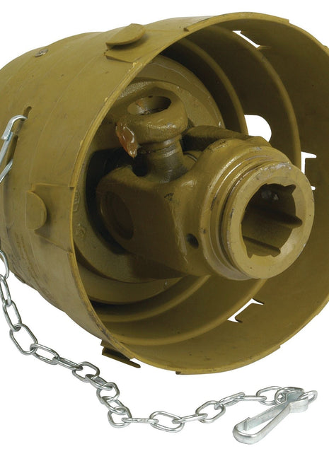 A yellow industrial machine part called the Sparex PTO Wide Angle Joint, featuring a chain attachment, rounded outer casing, and a central cylindrical component designed to fit Universal Joint Dimensions (U/J Sizes: 32 x 76 & 27 x 94mm), with specifications of Size: 1 3/8''-6 Spline and Profile: Star. Ref: S4GA. | Sparex Part No.S.6655
