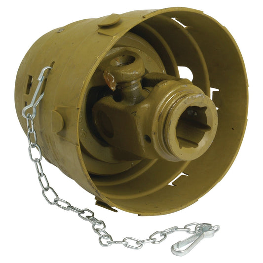 A yellow industrial machine part called the Sparex PTO Wide Angle Joint, featuring a chain attachment, rounded outer casing, and a central cylindrical component designed to fit Universal Joint Dimensions (U/J Sizes: 32 x 76 & 27 x 94mm), with specifications of Size: 1 3/8''-6 Spline and Profile: Star. Ref: S4GA. | Sparex Part No.S.6655