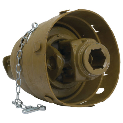 The PTO Wide Angle Joint by Sparex (S.10591), featuring a Star profile, 1 3/8''-6 spline, and size specifications of 36 x 89 & 32 x 106mm U/J, is a brown cylindrical mechanical component with a short metal chain and lock pin attached, designed to be compatible with the AW36/W2580 Series.
