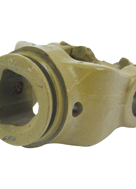 Close-up of the Sparex PTO Wide Angle Tube Yoke, a yellow metal mechanical component featuring cylindrical openings and a textured surface, specifically designed for the PTO Series. This particular yoke fits U/J sizes of 27 x 75 mm and 24 x 91 mm, with a triangle profile measuring 36.5 x 36.5 x 4.2 mm (Ref: 24510 | Sparex Part No.S.71524).