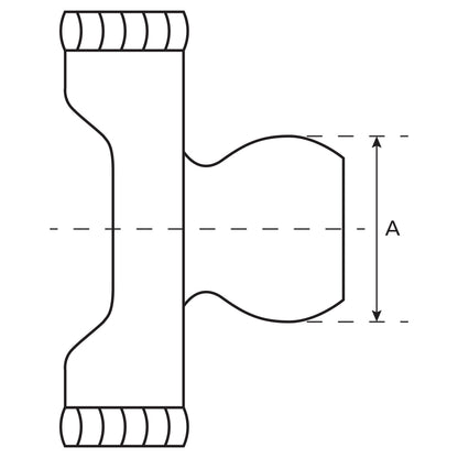 Technical diagram of a PTO Wide Angle Tube Yoke (U/J Size: 27 x 75 & 24 x 91mm) with a specified dimension labeled as "A," indicating the length of the center branch. Compatible with Sparex part number S.71523, this component ensures a precise fit for your application.