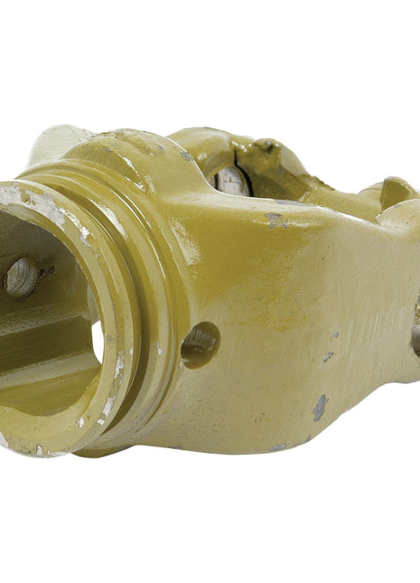 A Sparex PTO Wide Angle Tube Yoke with a U/J size of 27 x 75 and 24 x 91mm, featuring a triangular profile measuring 43.5 x 43.5 x 3.2mm (Ref: 12516 | Sparex Part No.S.71523). The yellow metal component has a cylindrical shape with various holes and grooves similar to the AB4-80°/A4-80°. Its surface shows signs of wear with chipped paint.