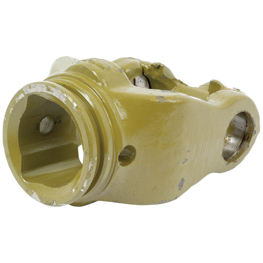 A Sparex PTO Wide Angle Tube Yoke with a U/J size of 27 x 75 and 24 x 91mm, featuring a triangular profile measuring 43.5 x 43.5 x 3.2mm (Ref: 12516 | Sparex Part No.S.71523). The yellow metal component has a cylindrical shape with various holes and grooves similar to the AB4-80°/A4-80°. Its surface shows signs of wear with chipped paint.