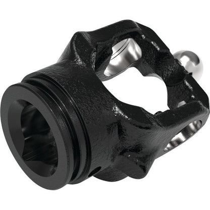 Close-up of a black, metallic Sparex PTO Wide Angle Tube Yoke (U/J Size: 32 x 76 & 27 x 94mm), typically used in mechanical systems to transmit rotary motion and torque between two shafts.