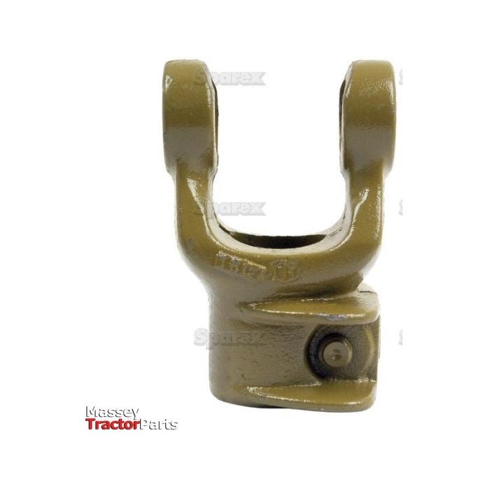 A metal tractor part with a U-shaped design, branded "Sparex," compatible with PTO series, labeled "PTO Yoke - Interfering Clamp Bolt (U/J Size: 27 x 70mm) Bore Ø35mm, Key Size: 8mm), Part No. S.6097.