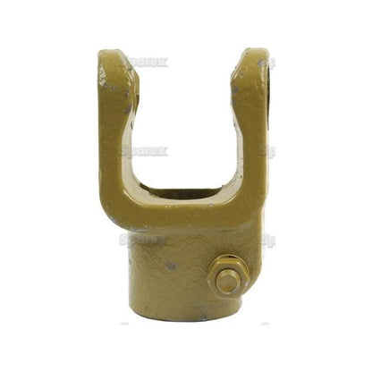 A yellow metal agricultural machinery part featuring a U-shaped opening and a bolt on one side, compatible with Walterscheid 351808, is the Sparex PTO Yoke - Interfering Clamp Bolt (U/J Size: 32 x 76mm) Bore Ø40mm, Key Size: 12mm (Sparex Part No. S.6254).