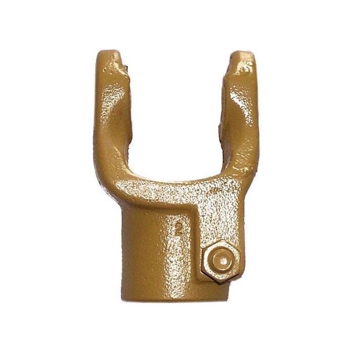 The Sparex PTO Yoke - Interfering Clamp Bolt (U/J Size: 35 x 106.5mm) SizeSpline, with a bronze-colored metal finish and cylindrical base, features a U-shaped top and a single bolt hole on the side, making it adaptable for universal joint applications. (Sparex Part No.S.6286).