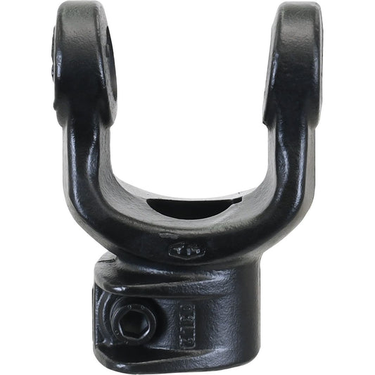 The PTO yoke from Sparex, featuring an interfering clamp bolt for U-joints sized 27 x 74.5mm, has a steel construction with a black finish, includes two parallel arms and a base with a 30mm bore and an 8mm key size, and is crafted according to Universal Joint Dimensions standards (Sparex Part No.S.6108).