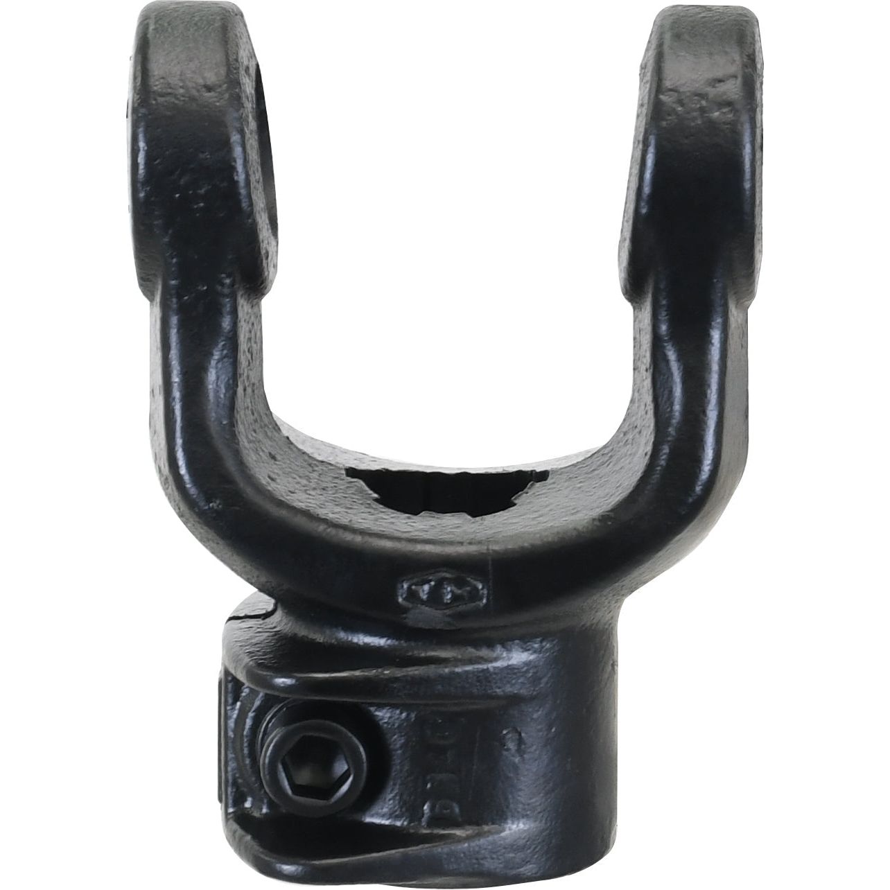 A close-up of the Sparex PTO Yoke - Interfering Clamp Bolt (U/J Size: 30.2 x 92mm), Part No. S.7506, in black, used for connecting rotating shafts in mechanical applications; featuring a 1 3/8''-6 spline from the Sparex lineup.
