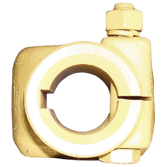 Close-up of the Sparex PTO Yoke - Interfering Clamp Bolt (U/J Size: 35 x 106.5mm) with a bolt on top for securing it. The central section, compatible with the PTO Series, is designed to fit around a cylindrical object.