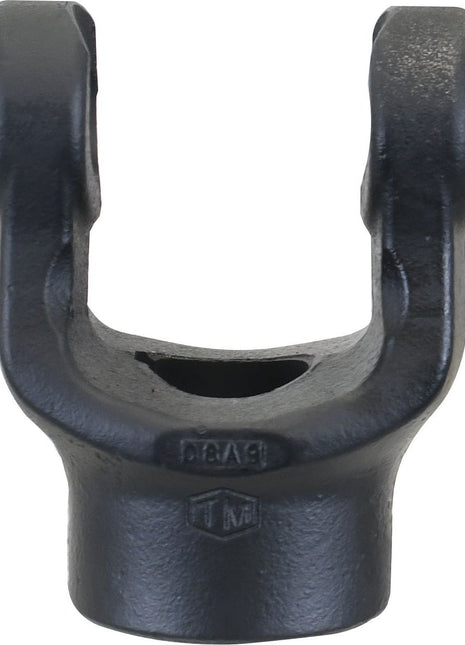 Close-up view of a black metal industrial component with a U-shaped opening, resembling the Sparex PTO Yoke - Keyed Yoke (U/J Size: 27 x 70mm) Bore Ø35mm, Key Size: 10mm. Sparex Part No.S.6546.