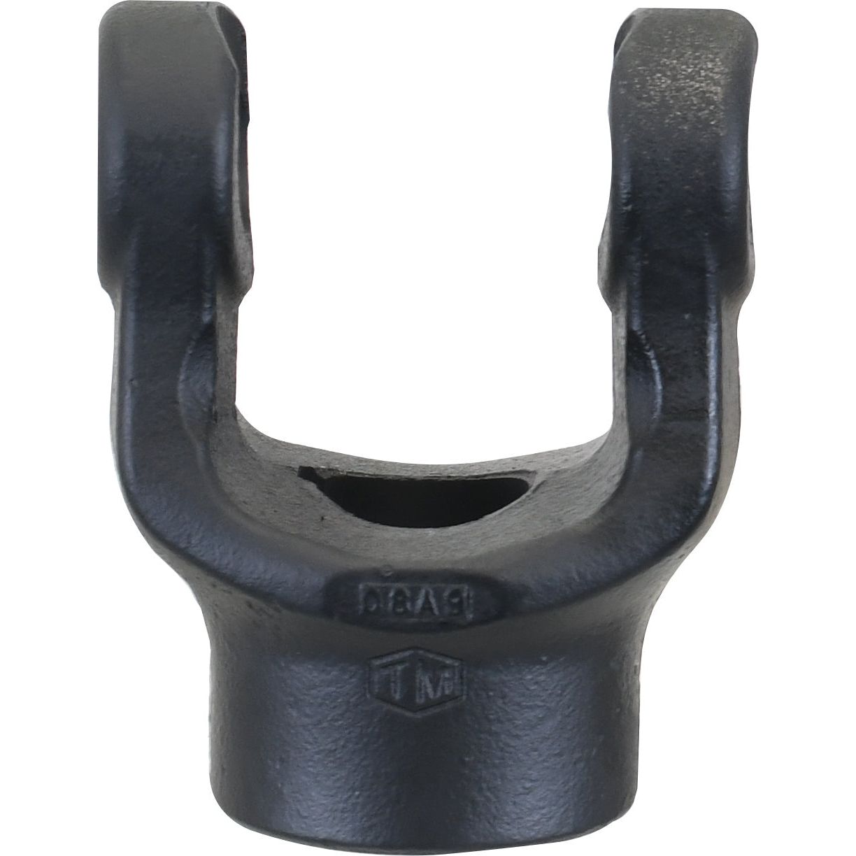 A black metal PTO yoke, featuring a keyed design with two prongs and a circular base, proudly displays a small embossed Sparex logo and text. This universal joint yoke has dimensions of 27 x 74.5mm, a bore diameter of Ø25mm, and an 8mm key size. | Sparex Part No.S.6554