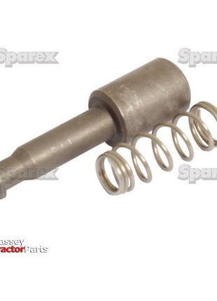 A metallic tractor part with a cylindrical body and two attached coiled springs, featuring the "Massey Tractor Parts" and "Sparex" logos in the background, showcases the Sparex PTO Yoke Pin (Pin Ø: 14mm), Part No. S.27835.