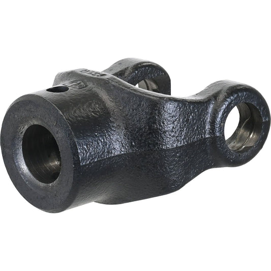 A black metal PTO yoke, known as the Sparex Pinhole Yoke (U/J Size: 27 x 70mm) - Bore Ø35mm, Pin Ø13mm, featuring two round holes and a threaded section on one end, compatible with the AB3/A3 Series products. | Sparex Part No. S.6505