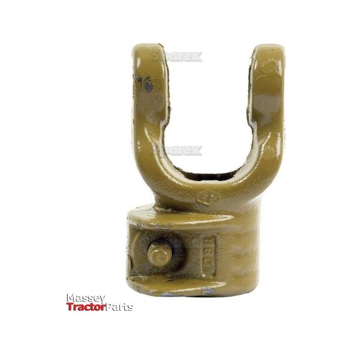 A Sparex PTO Yoke - Quick Release (U/J Size: 23.8 x 61.2mm) with a U-shaped opening and a visible bolt is displayed against a white background. The image includes partial text reading "Massey Tractor Parts.