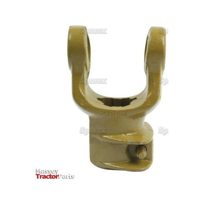 A yellow metal U-shaped yoke with a socket and threaded hole, ideal for the PTO Series, displayed on a plain white background. The image is watermarked, and the text "Massey Tractor Parts" is visible at the bottom left corner. This Sparex product, known as the PTO Yoke - Quick Release (U/J Size: 30.2 x 92mm), measures 1 3/4''-6 Spline and has a Sparex Part No.S.6522