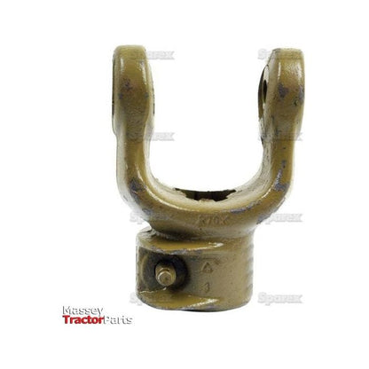 Close-up of a metal tractor part potentially for Massey tractor, featuring a U-shaped yoke with a central pivot point at the bottom, resembling the Sparex PTO Yoke - Quick Release (U/J Size: 30.2 x 92mm), Size: 1 3/8''-6 Spline (Sparex Part No.S.6058).