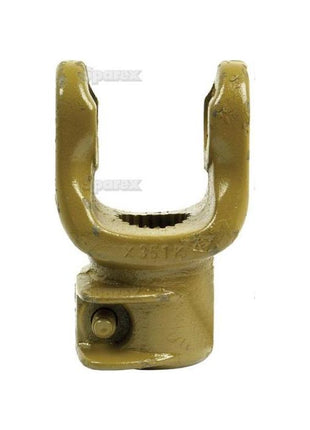 Close-up of a yellow metallic PTO Yoke - Quick Release with a circular opening, splined interior, and securing bolt at the base, designed for the 1 3/8''-21 Spline PTO Series. This Sparex Part No. S.6079 features a U/J size of 32 x 76mm.