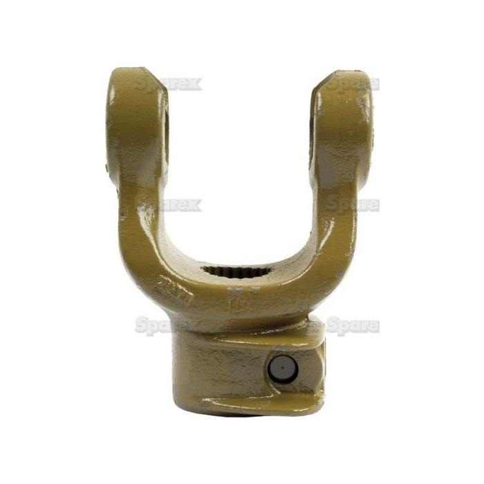 Image of a PTO Yoke - Quick Release used in machinery for transmitting rotational motion. Painted in a yellow-green color, this Sparex component (Massey Ferguson) features a pin on its side and adheres to precise Universal Joint Dimensions (U/J Size: 35 x 106.5mm), with a size of 1 3/8''-21 spline | Sparex Part No. S.6069.