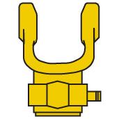 Illustration of a yellow hydraulic fitting component with a hexagonal central section and a U-shaped top, resembling the precision engineering commonly associated with Sparex's PTO Yoke - Quick Release (U/J Size: 22 x 54.8mm, Size: 1 3/8''-21 Spline | Sparex Part No.S.6009).
