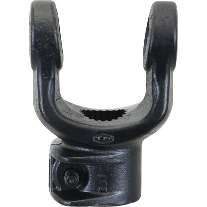The Sparex PTO Yoke - Quick Release, model S.6009, is a black mechanical component designed with a U-shaped structure and a ridged inner surface. It measures 1 3/8''-21 spline and features an attachment bolt and hole at the bottom. Engineered for reliability by Bondioli & Pavesi, this yoke is compatible with various universal joint applications (U/J Size: 22 x 54.8mm).