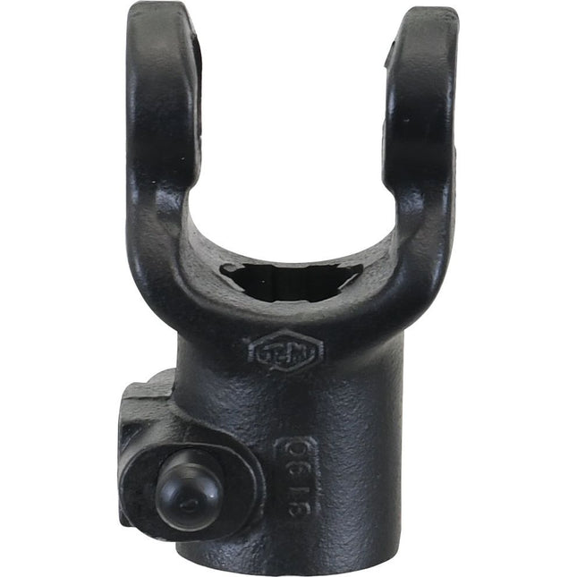 Close-up of the Sparex PTO Yoke - Quick Release (U/J Size: 23.8 x 61.2mm), featuring a black, metal U-joint with 1 1/8''-6 spline, for a mechanical system isolated on a white background.