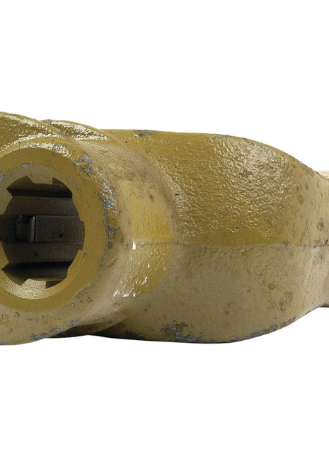 Close-up of a heavy-duty, yellow PTO Yoke - Quick Release from the Sparex German Series (U/J Size: 30.2 x 106.5mm) with a hexagonal opening on one end and a threaded hole on the side, showing signs of wear and scratches. This component features a 1 3/8''-6 spline size and is designated by Sparex Part No.S.6138.