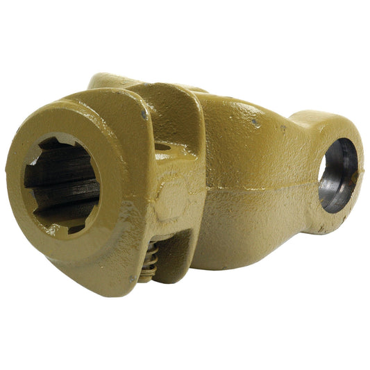 The Sparex PTO Yoke - Quick Release (U/J Size: 30.2 x 79.4mm, 1 3/8''-6 Spline), identified by Sparex Part No.S.6118, is a heavy-duty metal mechanical coupling component with a painted yellow finish, designed for transferring torque in machinery and fits perfectly within the Universal Joint Dimensions as part of the efficient PTO Series AB5/A5.