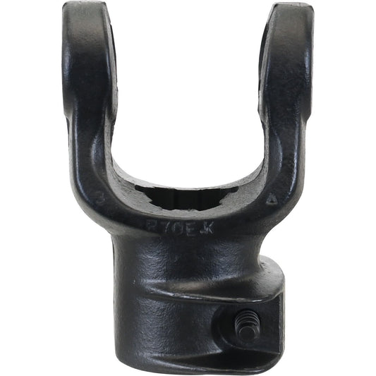 A Sparex Quick Release PTO Yoke, black metal with a U-shaped design and a threaded hole at the base, compatible with Universal Joint PTO Series AW35/W2400 (U/J size: 32 x 76mm), Part No. S.6521, and featuring a 1 3/4''-6 spline.
