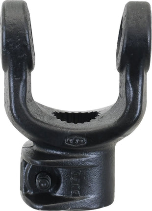 The Sparex PTO Yoke - Quick Release (U/J Size: 32 x 76mm), with a black metal construction and a U-shaped design featuring a central gear-like hole, is suitable for various PTO Series applications. The yoke measures 1 3/8''-21 Spline and has the Sparex Part No.S.6079.