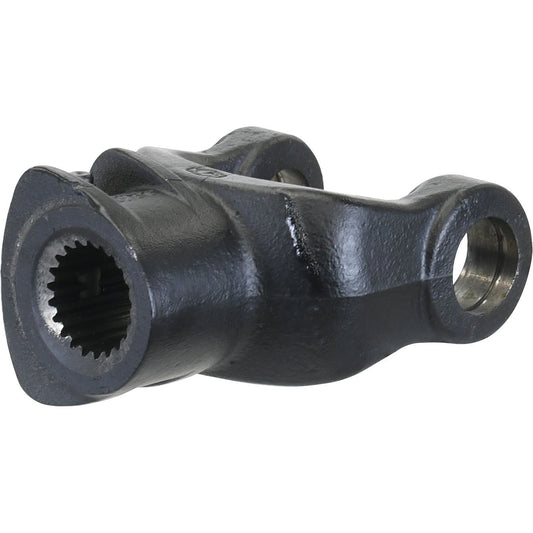 A black metal yoke with a splined hole on one end and a smooth circular hole on the other, compatible with PTO Series components by Sparex, available as the PTO Yoke - Quick Release (U/J Size: 32 x 76mm), size 1 3/8''-21 Spline | Sparex Part No.S.6079.